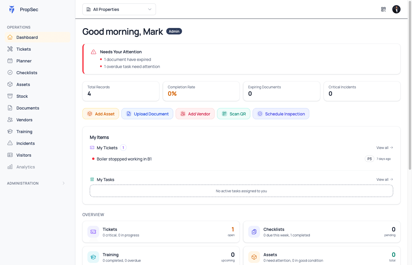 PropSec Dashboard — overview of compliance, maintenance, and operations